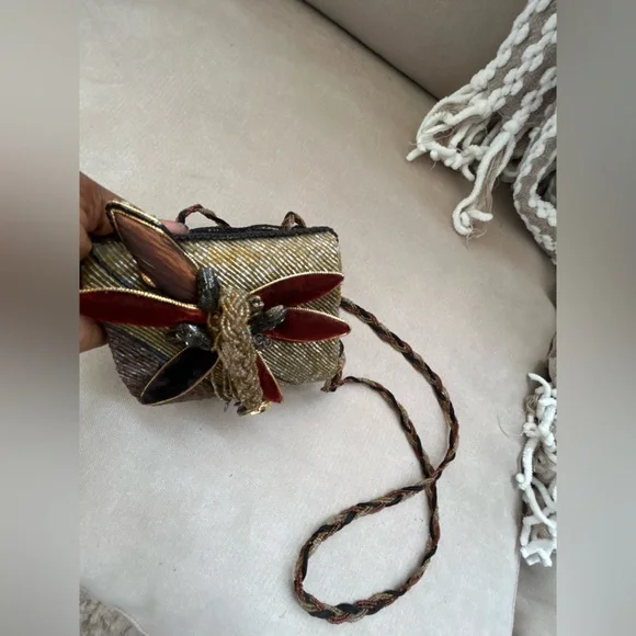 Mary Frances Elegant Gold Burgundy Beaded Velvet Trim Dragonfly Crossbody Purse - Picture 3 of 12